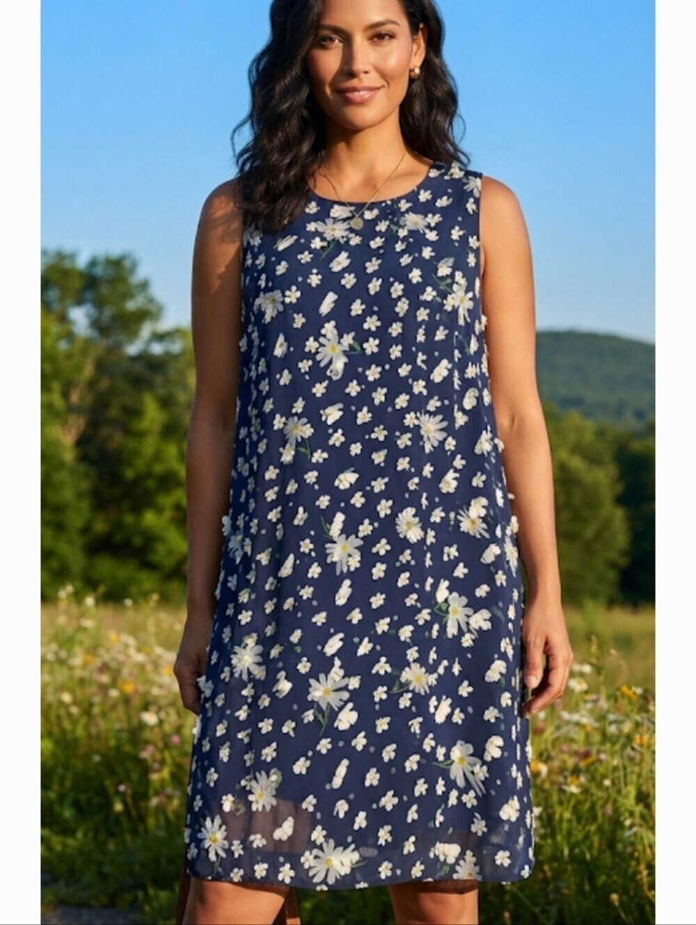 KARL LAGERFELD size 10 Navy Top with White Daisy Details and Yellow Centers - Picture 1 of 8